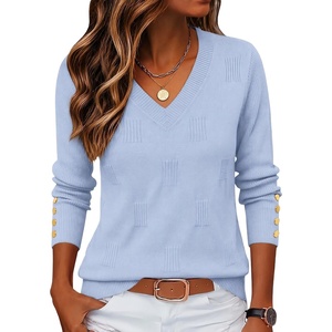 Zeagoo Womens V Neck Sweaters Long Sleeve Lightweight with Buttons Oufits(Light Blue)