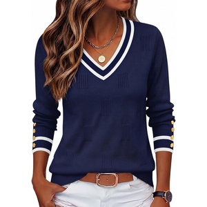 Zeagoo Womens V Neck Sweaters Long Sleeve Lightweight with Buttons Oufits(Navy Blue-white)