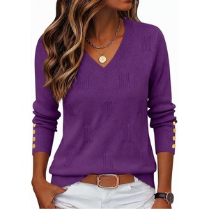 Zeagoo Womens V Neck Sweaters Long Sleeve Lightweight with Buttons Oufits(Purple)