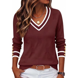 Zeagoo Womens V Neck Sweaters Long Sleeve Lightweight with Buttons Oufits(Red-white)
