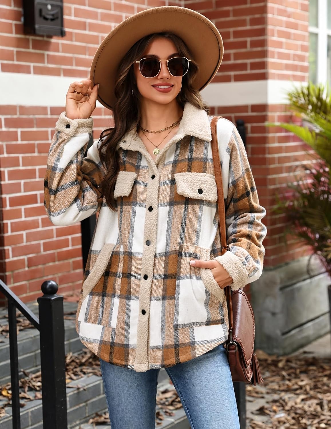 image:imageZEAGOO Womens Flannel Jacket Fleece Lined Shacket Fall Outfits Plaid SherpaApricot
