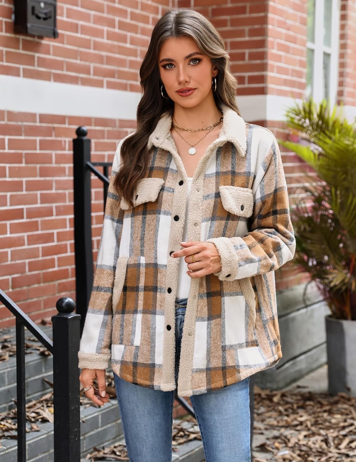 image:imageZEAGOO Womens Flannel Jacket Fleece Lined Shacket Fall Outfits Plaid SherpaApricot