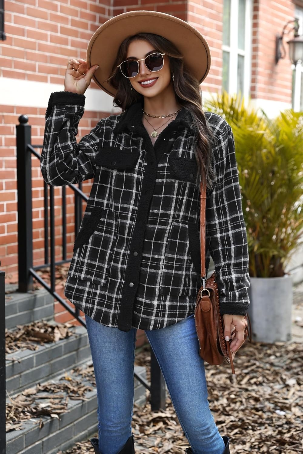 image:imageZEAGOO Womens Flannel Jacket Fleece Lined Shacket Fall Outfits Plaid SherpaBlack