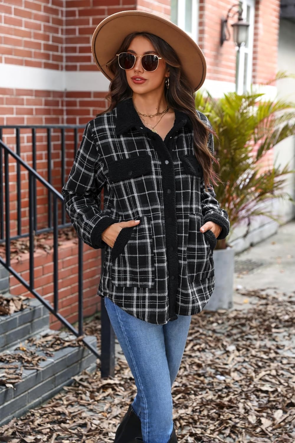 image:imageZEAGOO Womens Flannel Jacket Fleece Lined Shacket Fall Outfits Plaid SherpaBlack