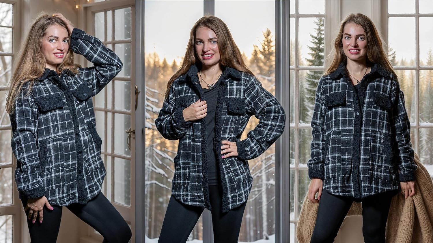 image:imageZEAGOO Womens Flannel Jacket Fleece Lined Shacket Fall Outfits Plaid SherpaBlack