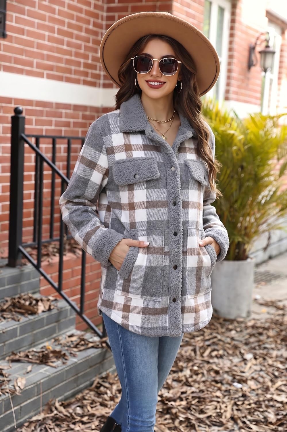 image:imageZEAGOO Womens Flannel Jacket Fleece Lined Shacket Fall Outfits Plaid SherpaGrey
