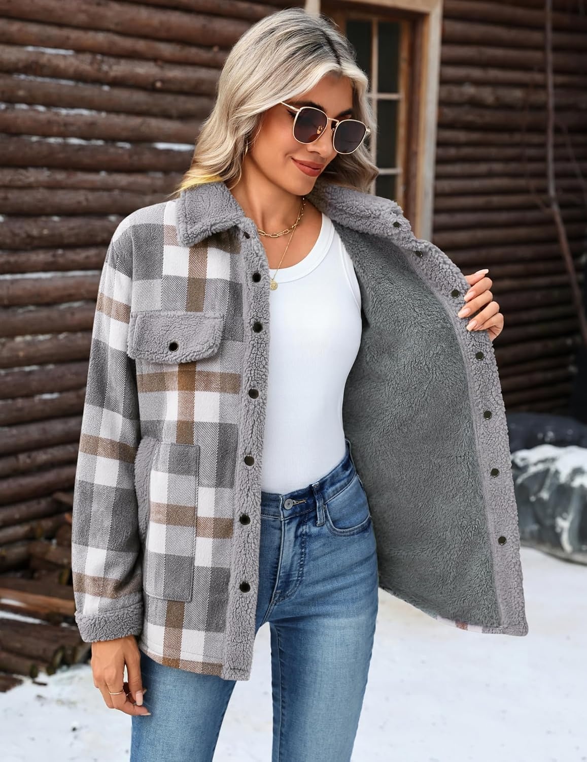 image:imageZEAGOO Womens Flannel Jacket Fleece Lined Shacket Fall Outfits Plaid SherpaGrey