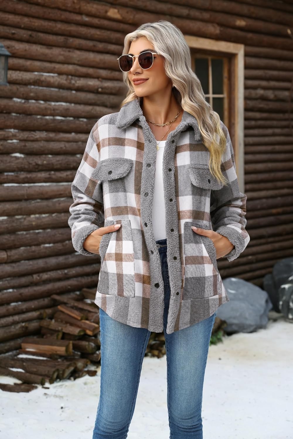 image:imageZEAGOO Womens Flannel Jacket Fleece Lined Shacket Fall Outfits Plaid SherpaGrey