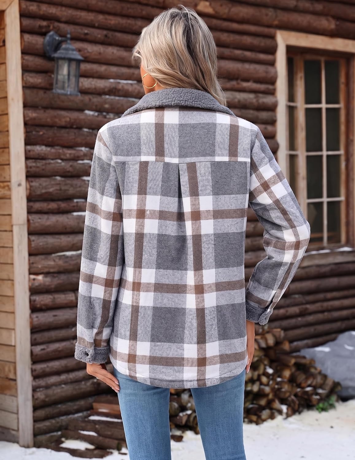 image:imageZEAGOO Womens Flannel Jacket Fleece Lined Shacket Fall Outfits Plaid SherpaGrey