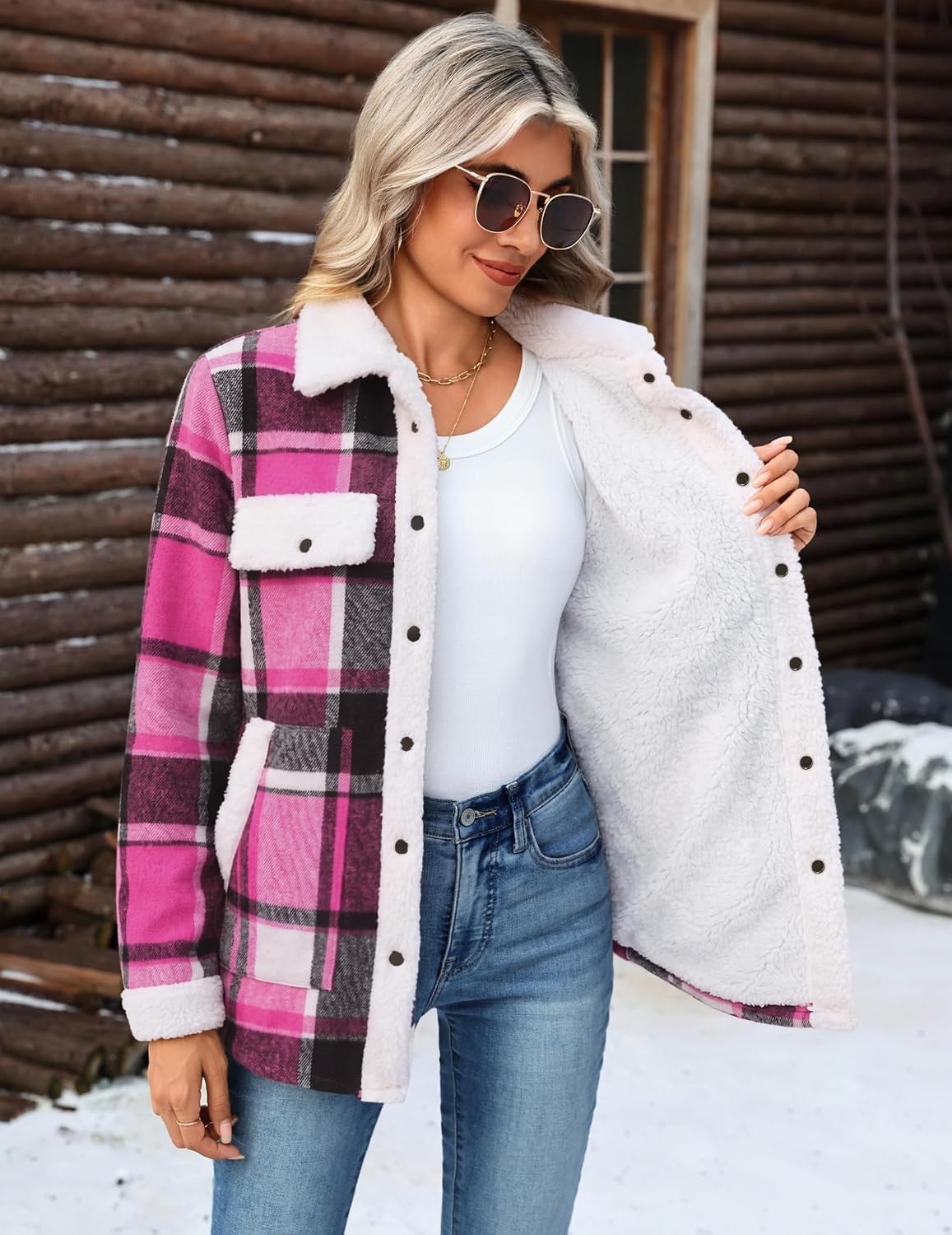 image:imageZEAGOO Womens Flannel Jacket Fleece Lined Shacket Fall Outfits Plaid SherpaHot Pink