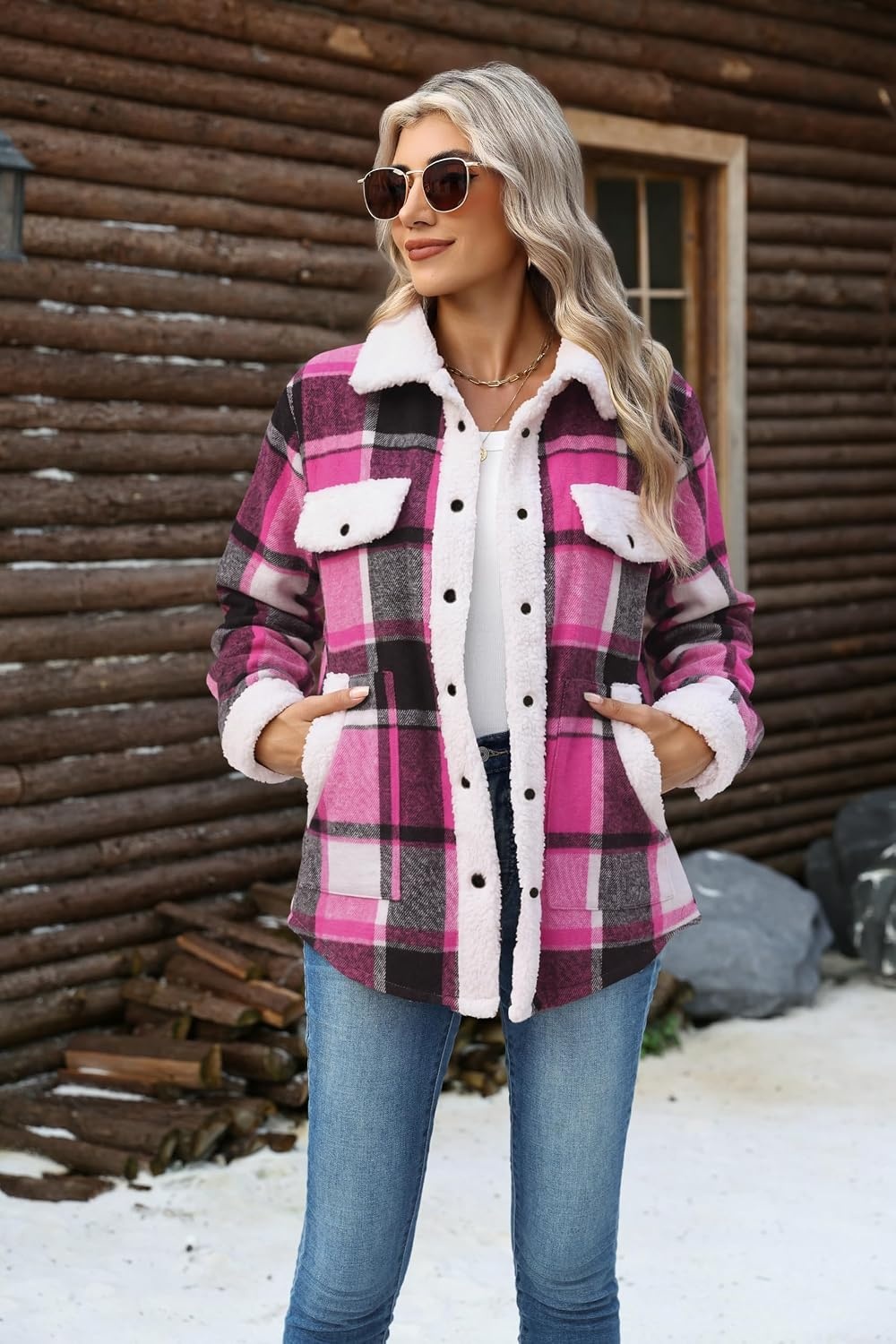 image:imageZEAGOO Womens Flannel Jacket Fleece Lined Shacket Fall Outfits Plaid SherpaHot Pink