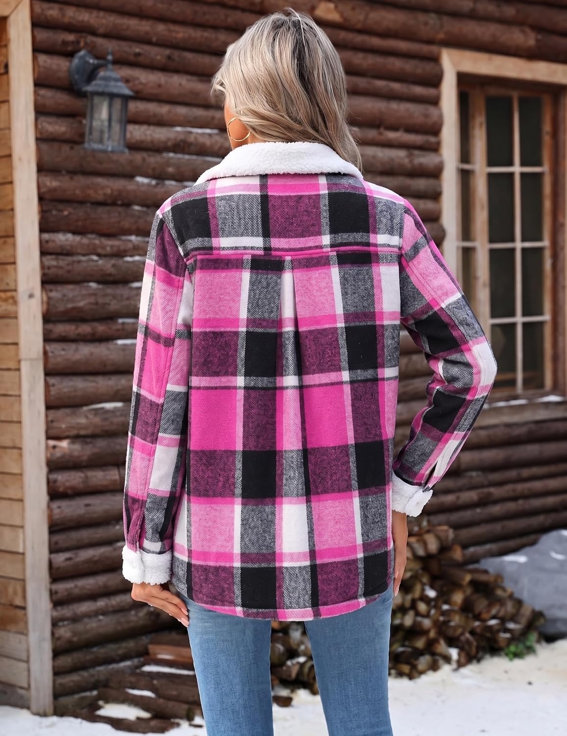 image:imageZEAGOO Womens Flannel Jacket Fleece Lined Shacket Fall Outfits Plaid SherpaHot Pink