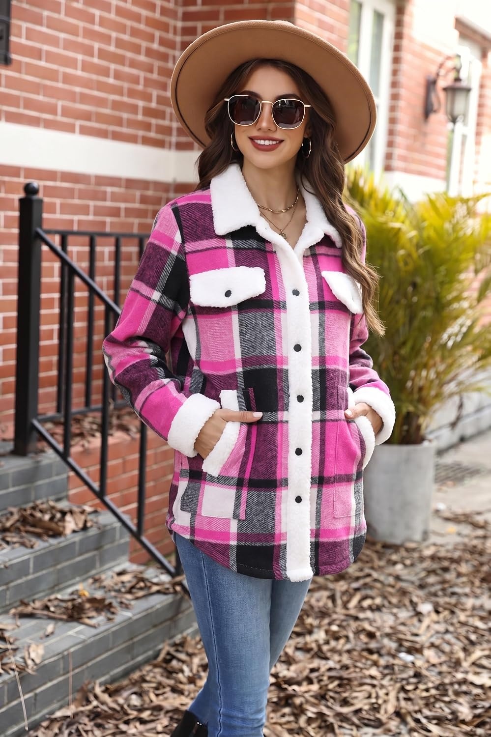 image:imageZEAGOO Womens Flannel Jacket Fleece Lined Shacket Fall Outfits Plaid SherpaHot Pink