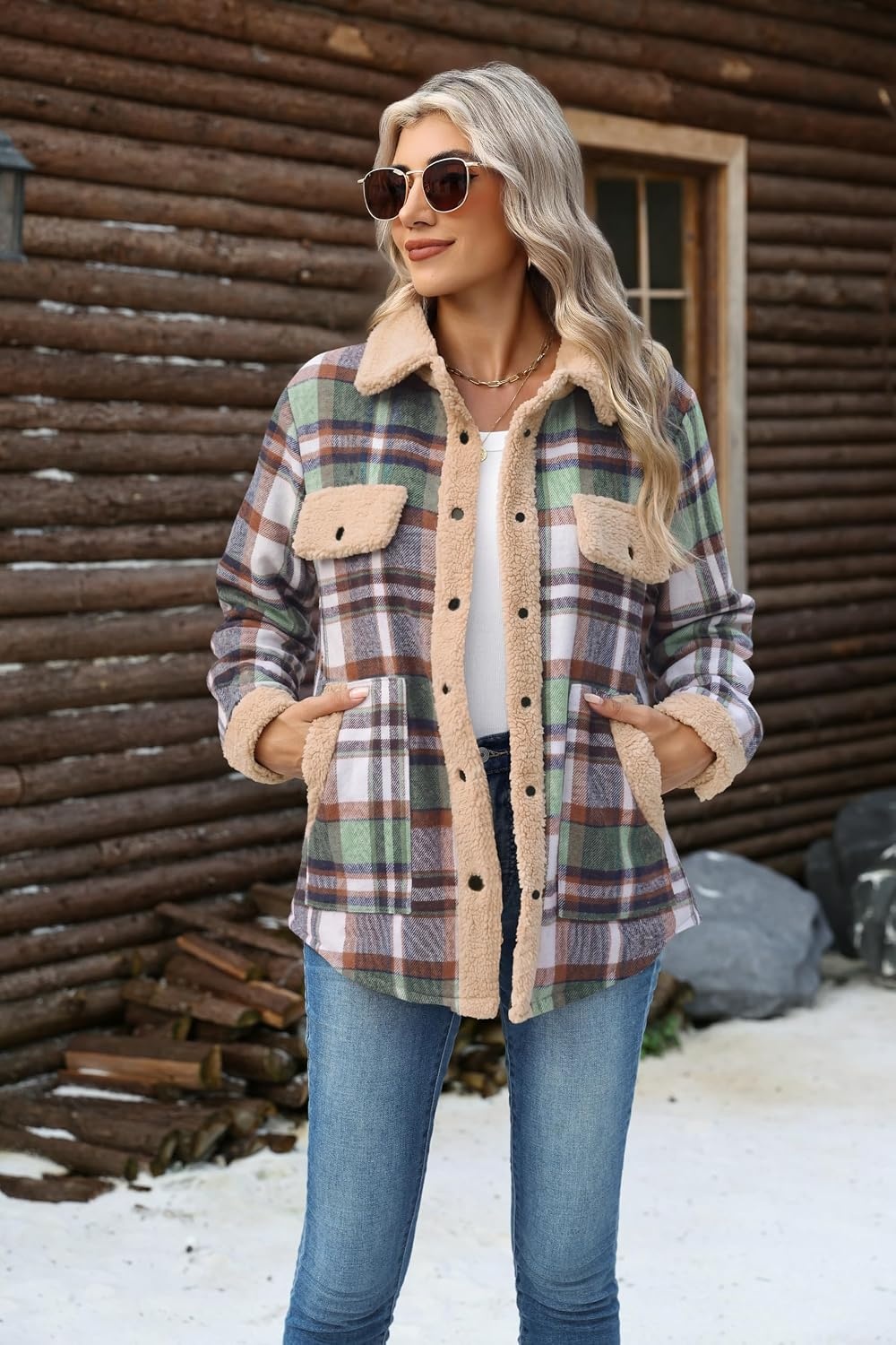image:imageZEAGOO Womens Flannel Jacket Fleece Lined Shacket Fall Outfits Plaid SherpaLight Green