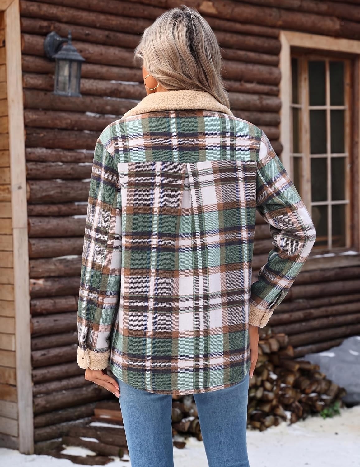 image:imageZEAGOO Womens Flannel Jacket Fleece Lined Shacket Fall Outfits Plaid SherpaLight Green