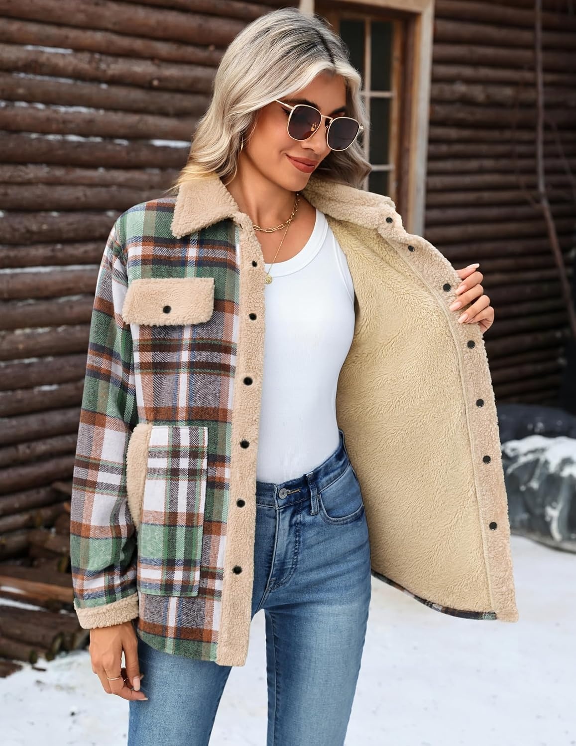 image:imageZEAGOO Womens Flannel Jacket Fleece Lined Shacket Fall Outfits Plaid SherpaLight Green
