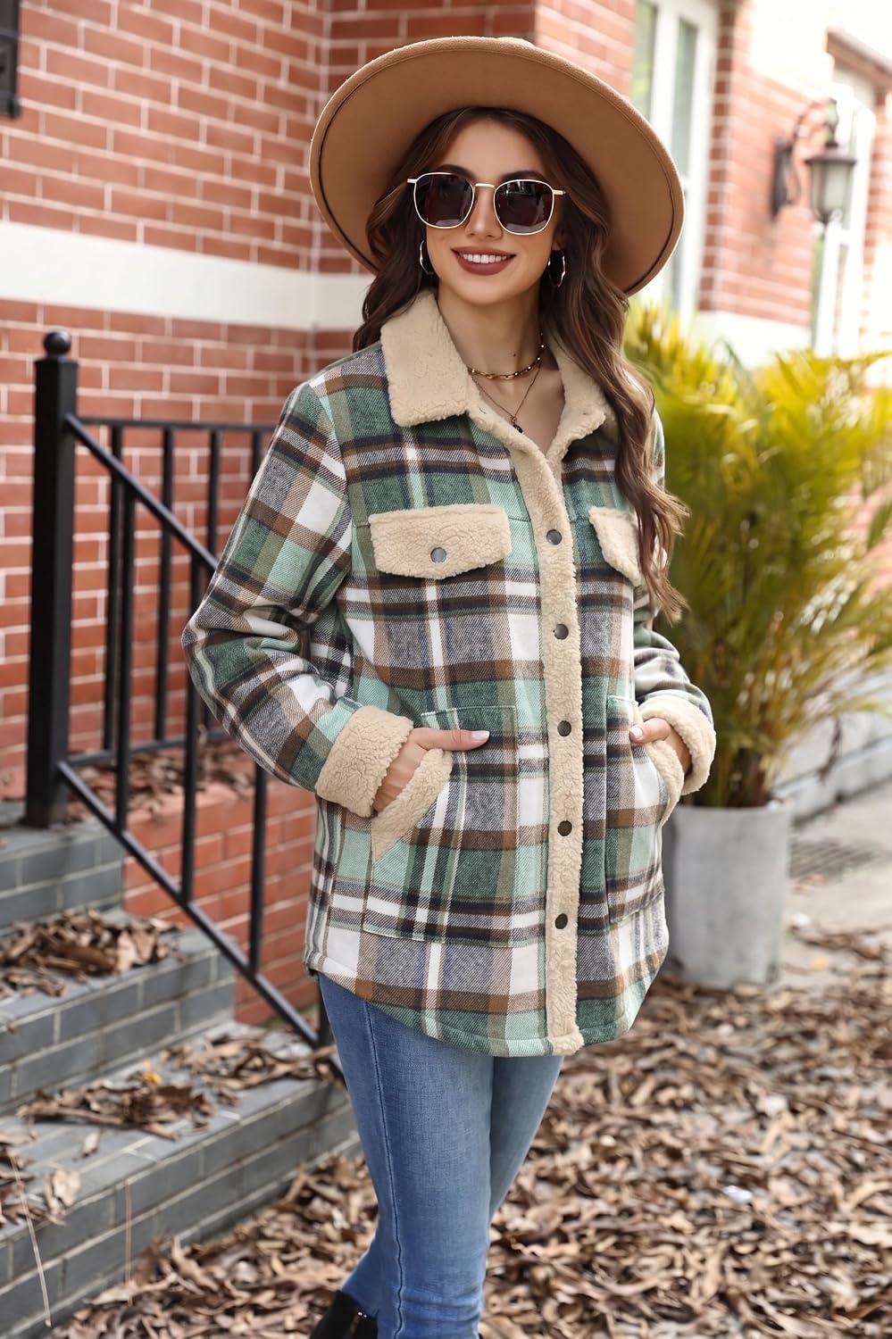 image:imageZEAGOO Womens Flannel Jacket Fleece Lined Shacket Fall Outfits Plaid SherpaLight Green