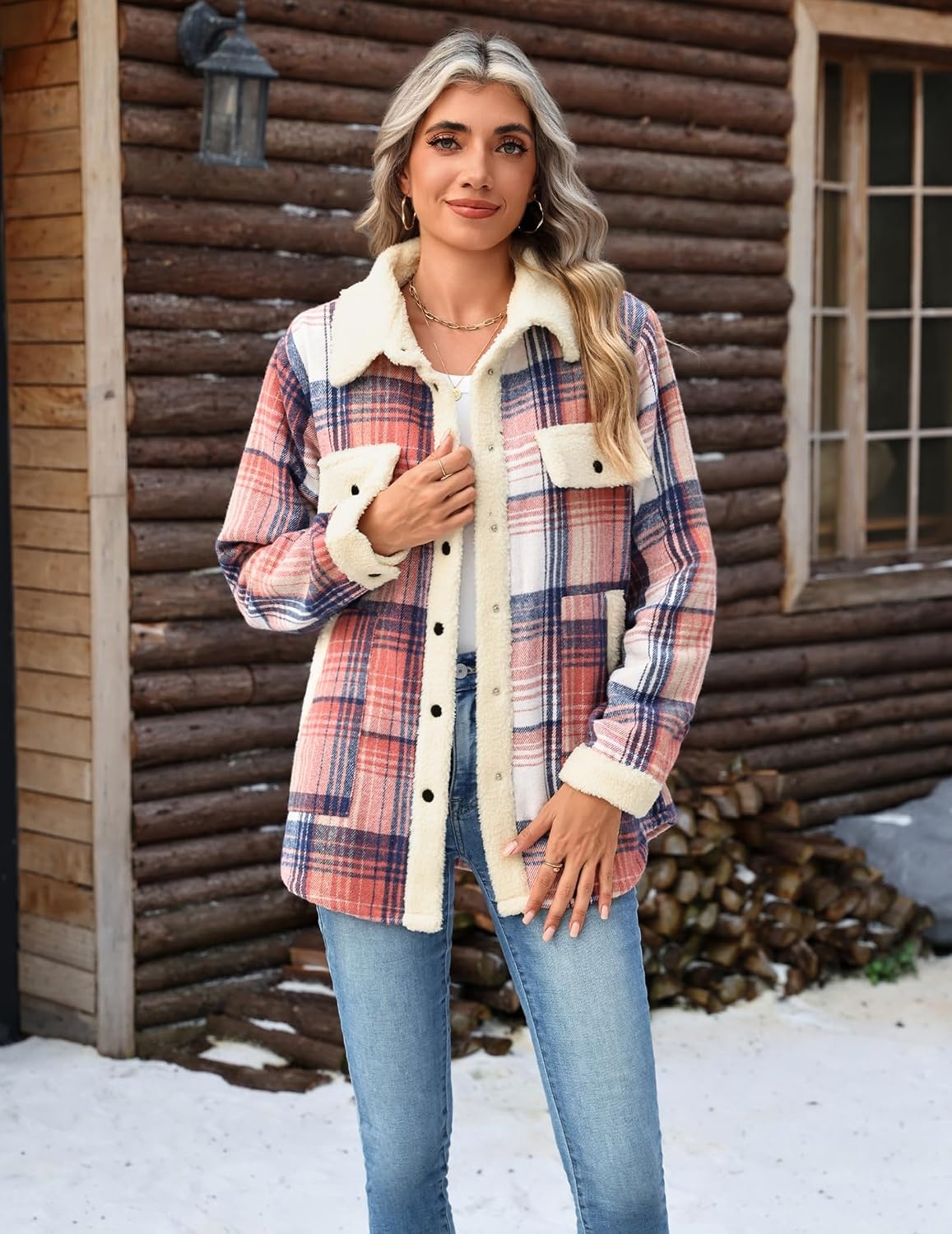 image:imageZEAGOO Womens Flannel Jacket Fleece Lined Shacket Fall Outfits Plaid SherpaPink