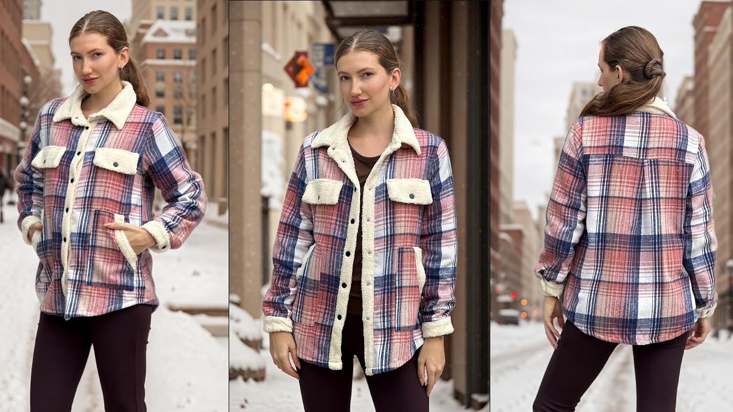 image:imageZEAGOO Womens Flannel Jacket Fleece Lined Shacket Fall Outfits Plaid SherpaPink