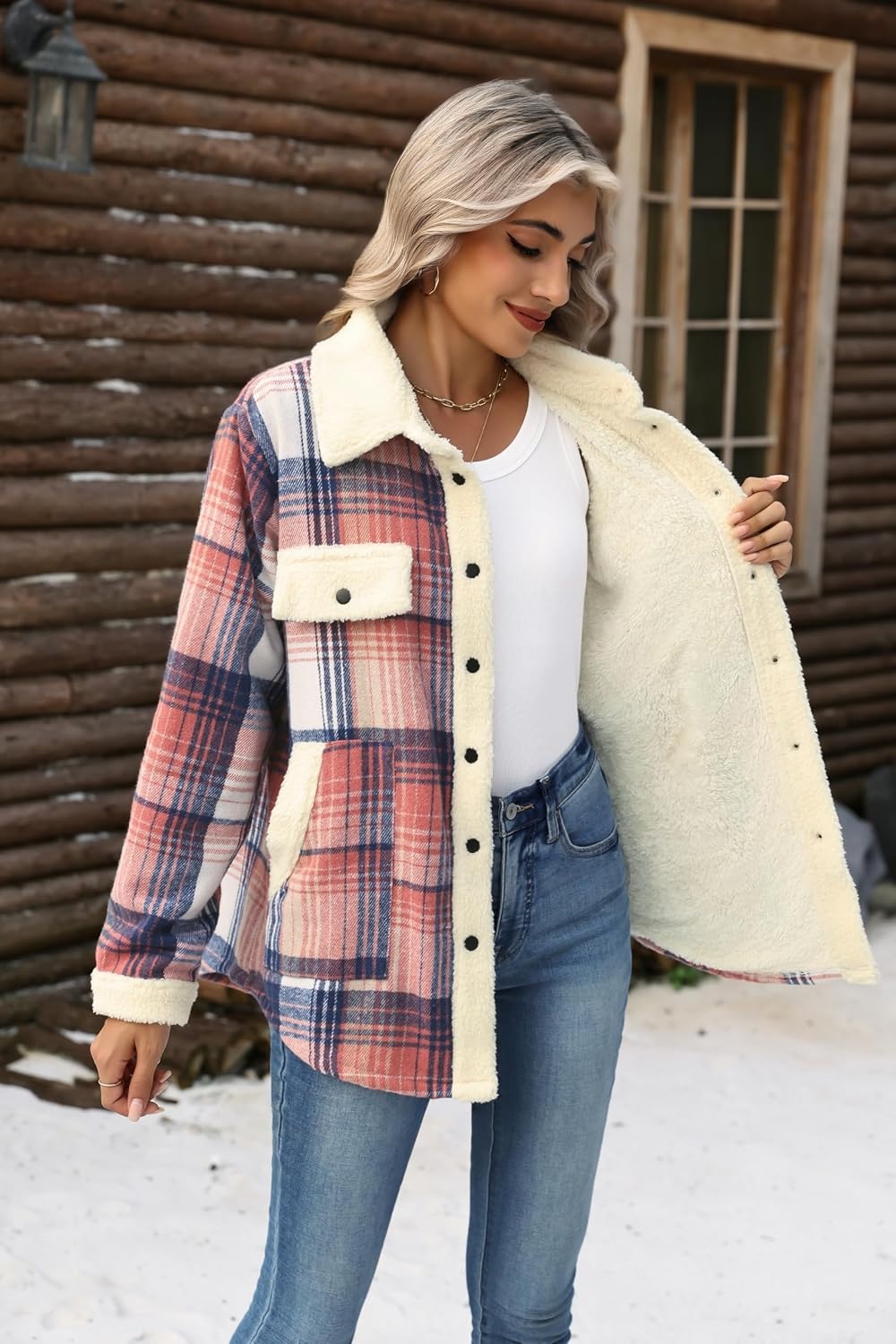 image:imageZEAGOO Womens Flannel Jacket Fleece Lined Shacket Fall Outfits Plaid SherpaPink