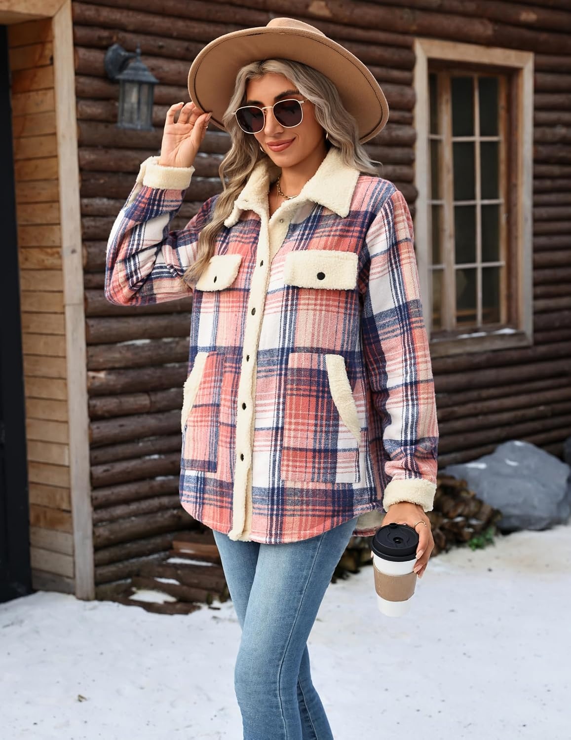 image:imageZEAGOO Womens Flannel Jacket Fleece Lined Shacket Fall Outfits Plaid SherpaPink
