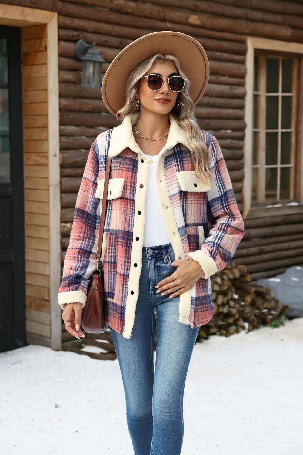 image:imageZEAGOO Womens Flannel Jacket Fleece Lined Shacket Fall Outfits Plaid SherpaPink