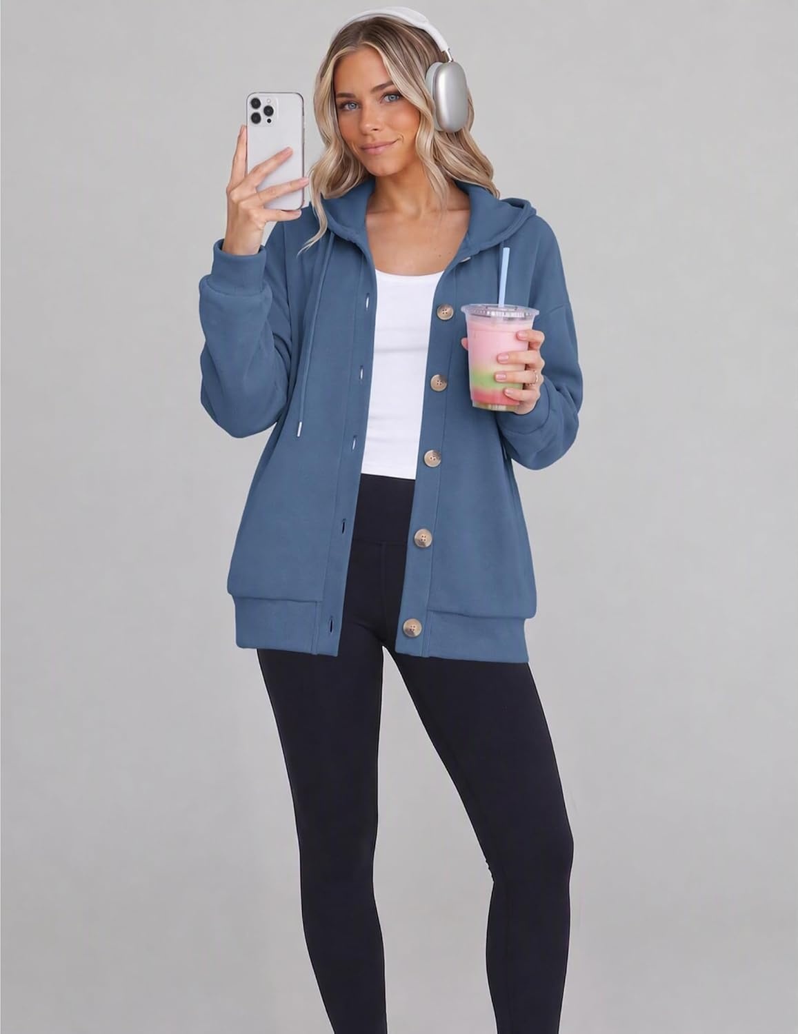 image:imageZeagoo Hoodie for Women Hooded Sweatshirt Button Hoodies With Pockets Comfy Fleece Jackets 2026 Fashion S3XLGreyblue