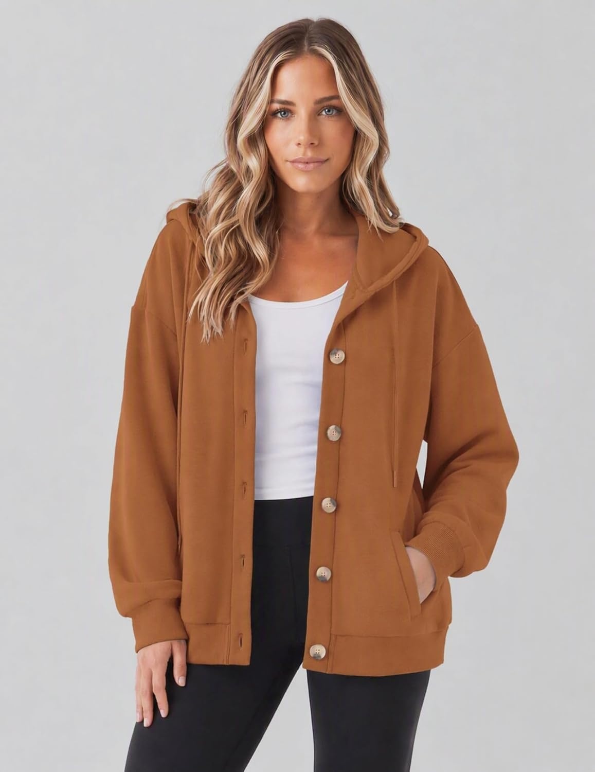 image:imageZeagoo Hoodie for Women Hooded Sweatshirt Button Hoodies With Pockets Comfy Fleece Jackets 2026 Fashion S3XLWalnut Brown
