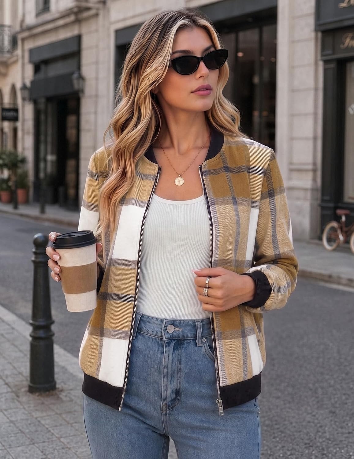 image:imageZeagoo Jackets for Women 2026 Lightweight Bomber Jacket Plaid Flannel CoatBrown Plaid Gz554