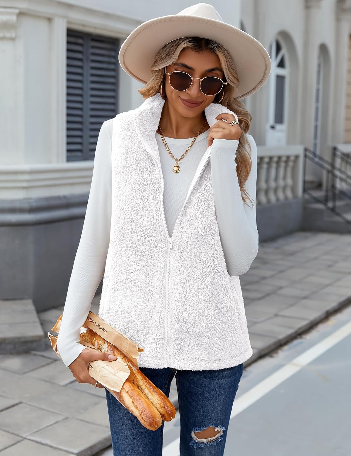 image:imageZeagoo Vest For Women Sleeveless Sherpa Fleece Jackets Zip Up Fall CoatsAwhite