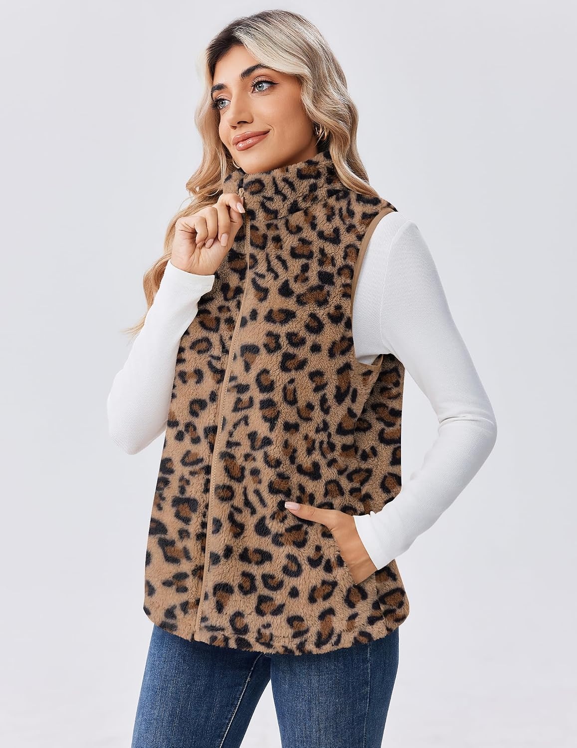 image:imageZeagoo Vest For Women Sleeveless Sherpa Fleece Jackets Zip Up Fall CoatsBrown Leopard