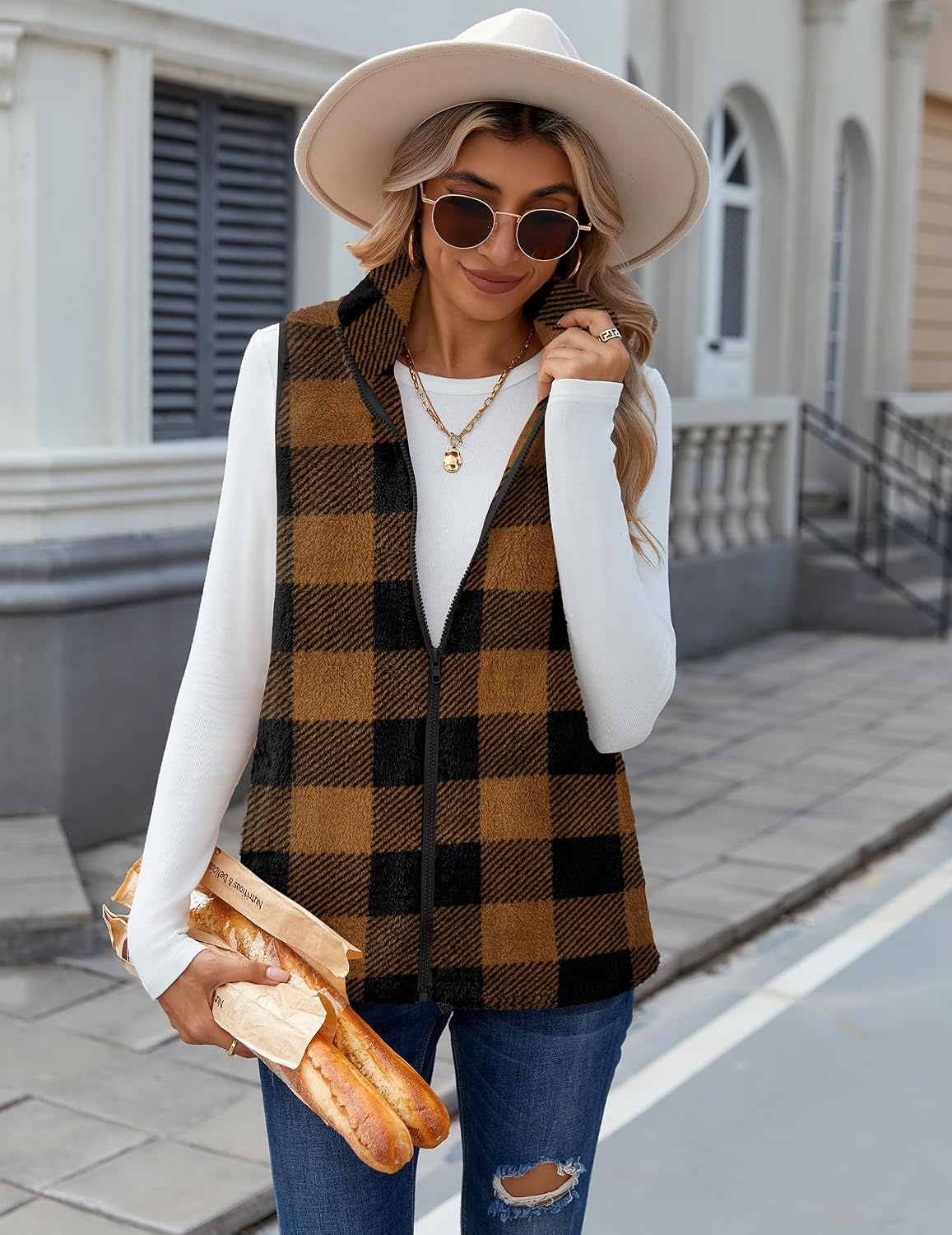image:imageZeagoo Vest For Women Sleeveless Sherpa Fleece Jackets Zip Up Fall CoatsBrown Plaid