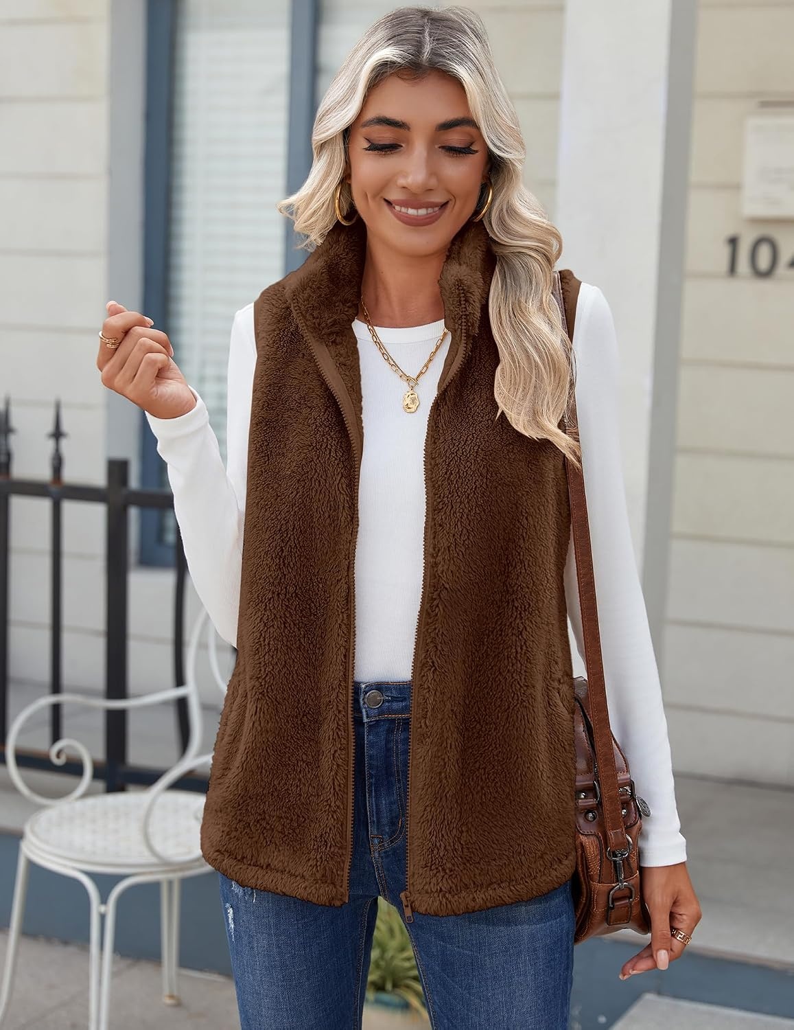 image:imageZeagoo Vest For Women Sleeveless Sherpa Fleece Jackets Zip Up Fall CoatsCoffee