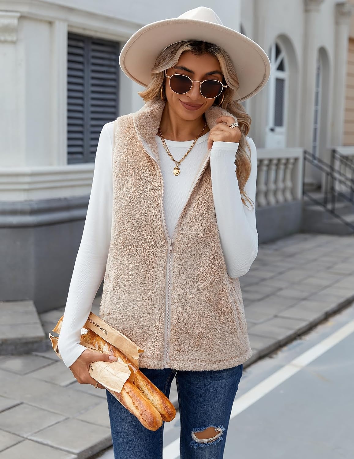 image:imageZeagoo Vest For Women Sleeveless Sherpa Fleece Jackets Zip Up Fall CoatsKhaki