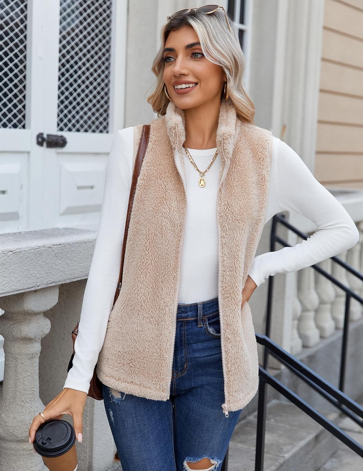 image:imageZeagoo Vest For Women Sleeveless Sherpa Fleece Jackets Zip Up Fall CoatsKhaki