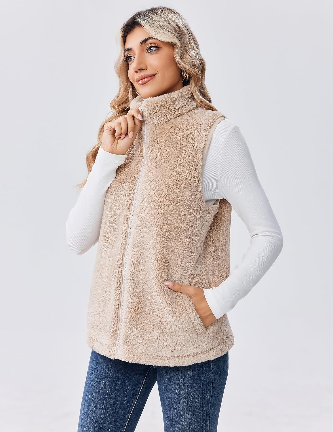 image:imageZeagoo Vest For Women Sleeveless Sherpa Fleece Jackets Zip Up Fall CoatsKhaki