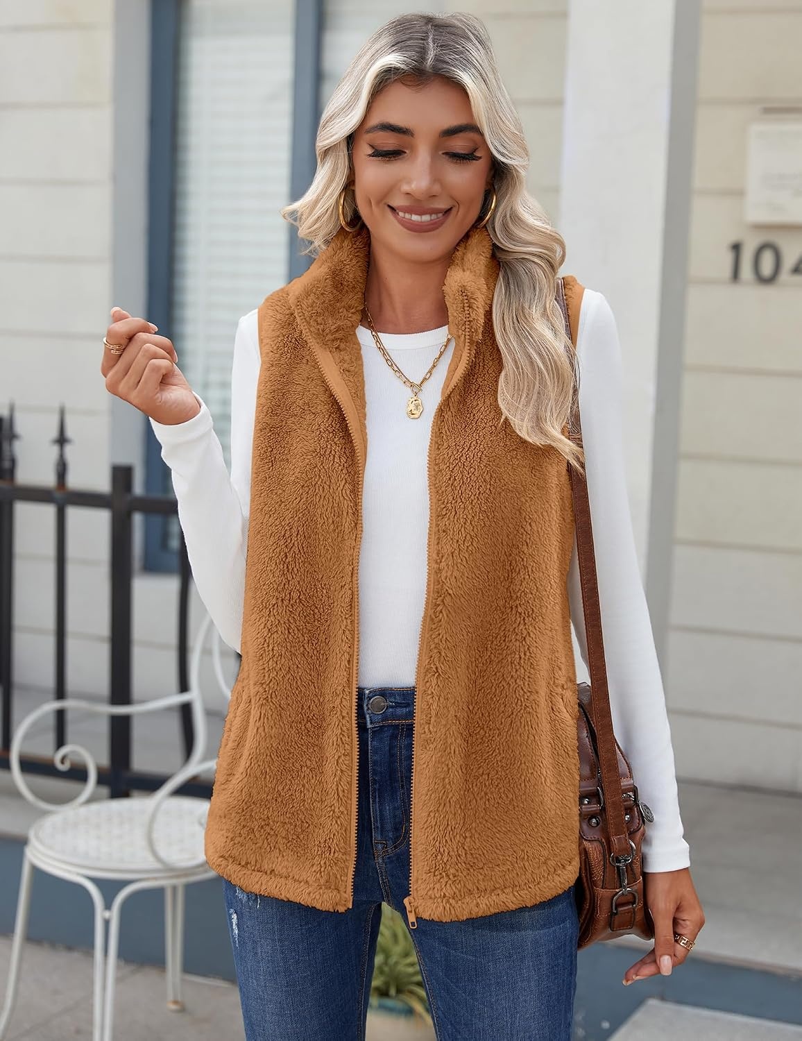 image:imageZeagoo Vest For Women Sleeveless Sherpa Fleece Jackets Zip Up Fall CoatsLight Brown