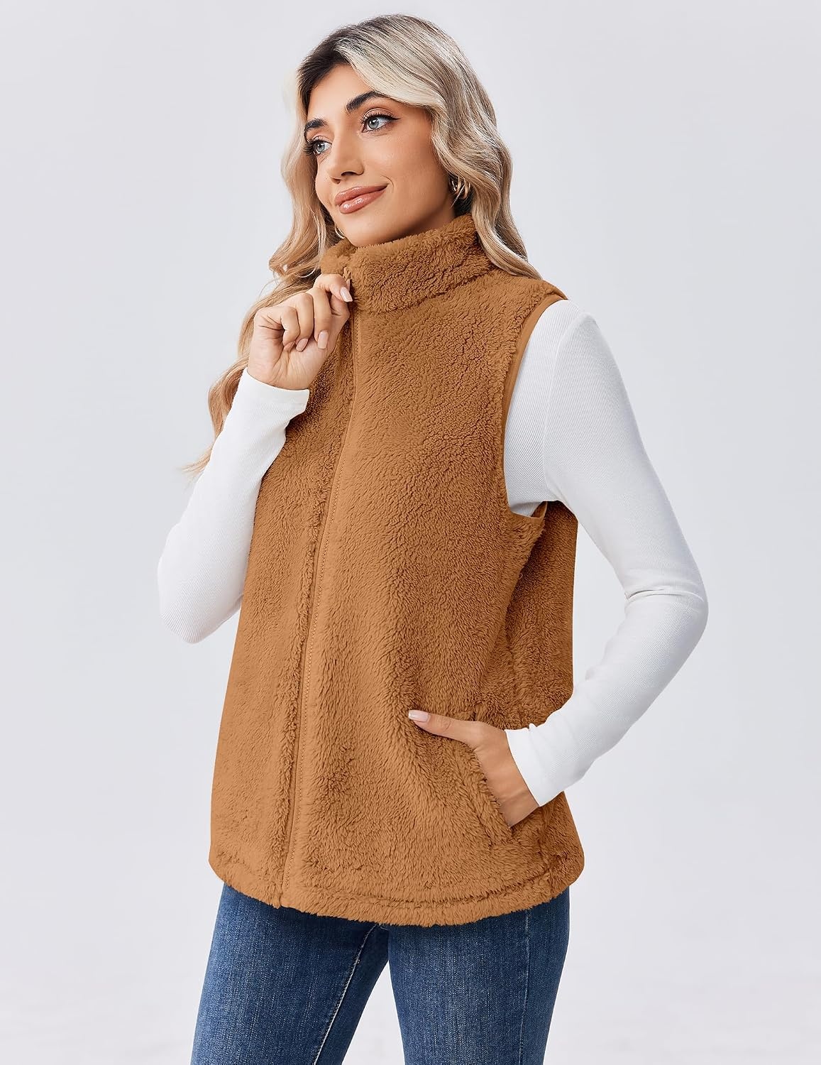 image:imageZeagoo Vest For Women Sleeveless Sherpa Fleece Jackets Zip Up Fall CoatsLight Brown