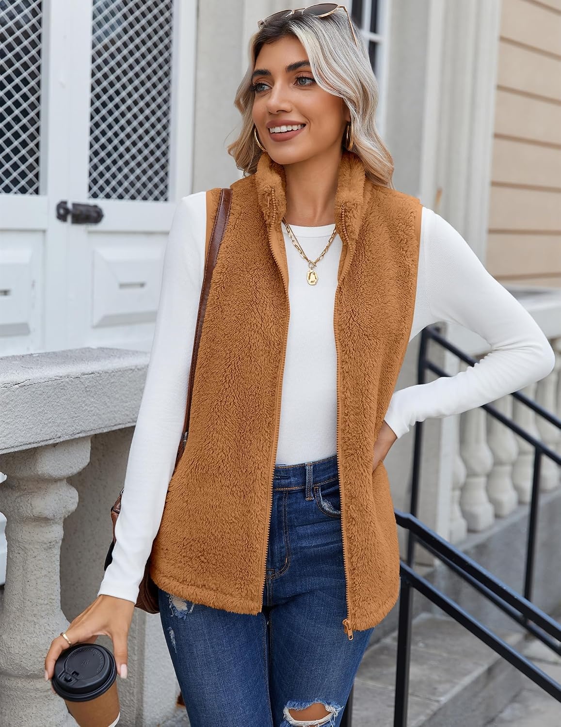 image:imageZeagoo Vest For Women Sleeveless Sherpa Fleece Jackets Zip Up Fall CoatsLight Brown