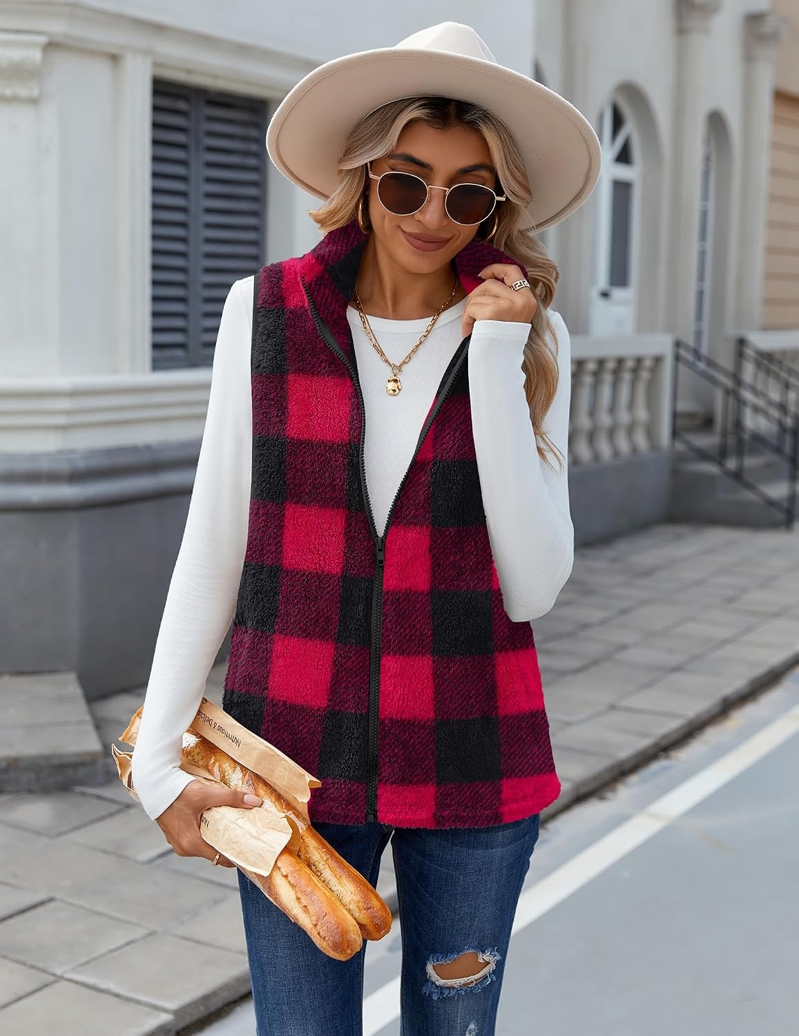 image:imageZeagoo Vest For Women Sleeveless Sherpa Fleece Jackets Zip Up Fall CoatsRed White Plaid