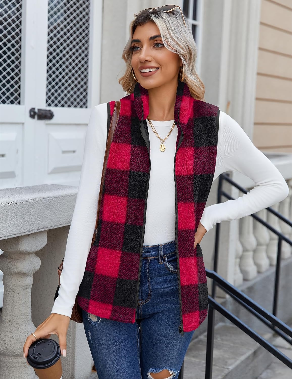 image:imageZeagoo Vest For Women Sleeveless Sherpa Fleece Jackets Zip Up Fall CoatsRed White Plaid