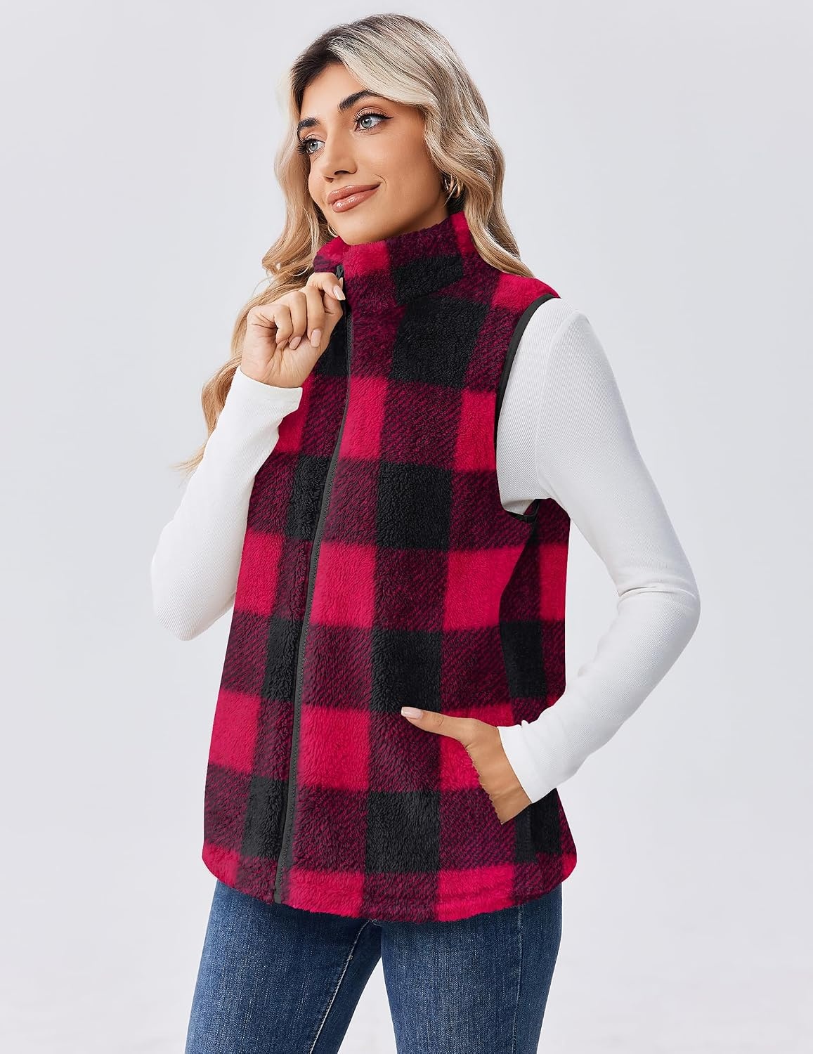 image:imageZeagoo Vest For Women Sleeveless Sherpa Fleece Jackets Zip Up Fall CoatsRed White Plaid