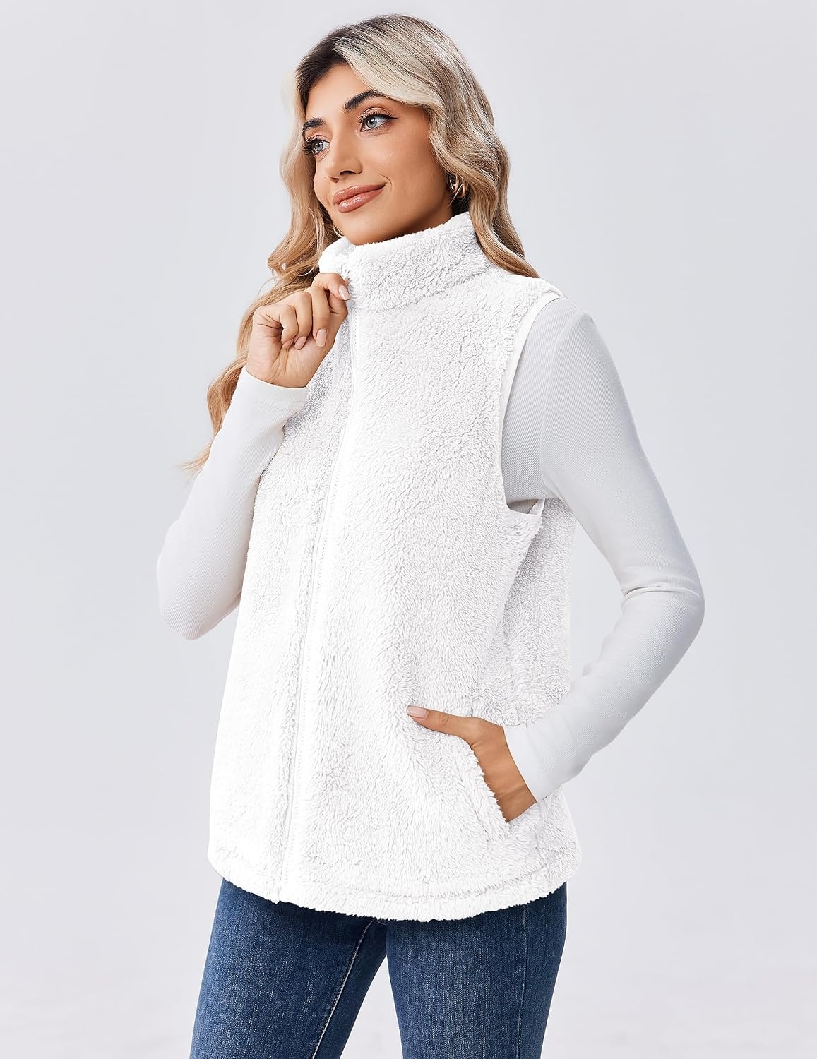 image:imageZeagoo Vest For Women Sleeveless Sherpa Fleece Jackets Zip Up Fall CoatsWhite