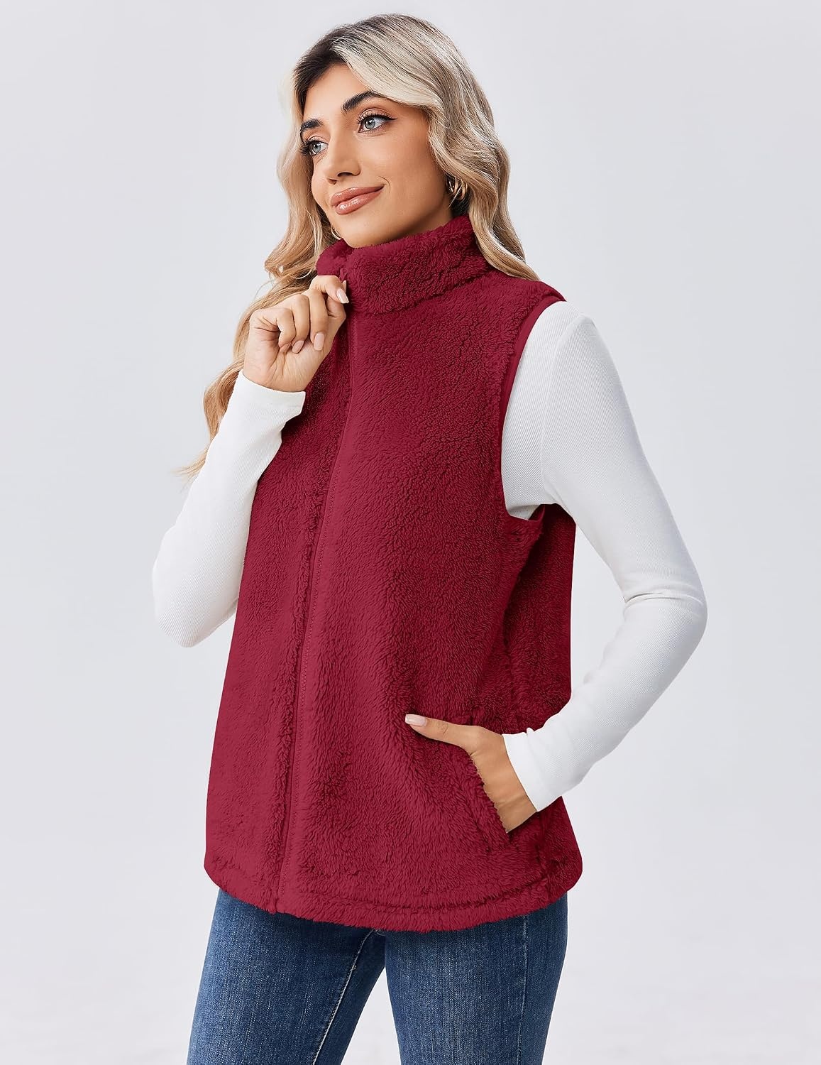 image:imageZeagoo Vest For Women Sleeveless Sherpa Fleece Jackets Zip Up Fall CoatsWine Red