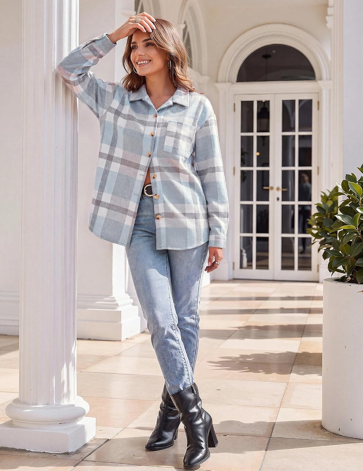 image:imageZeagoo Women Flannel Shacket Jacket Plaid Button Down Long Sleeve ShirtBluegw570