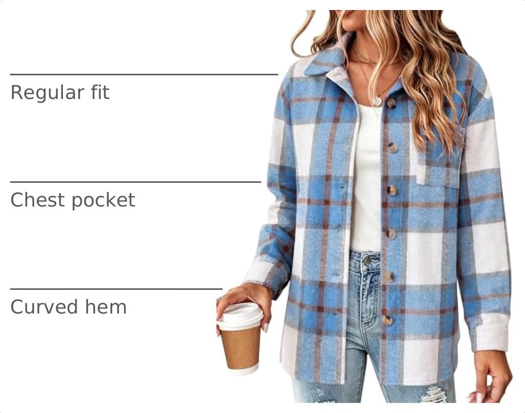 image:imageZeagoo Women Flannel Shacket Jacket Plaid Button Down Long Sleeve ShirtBluegz870