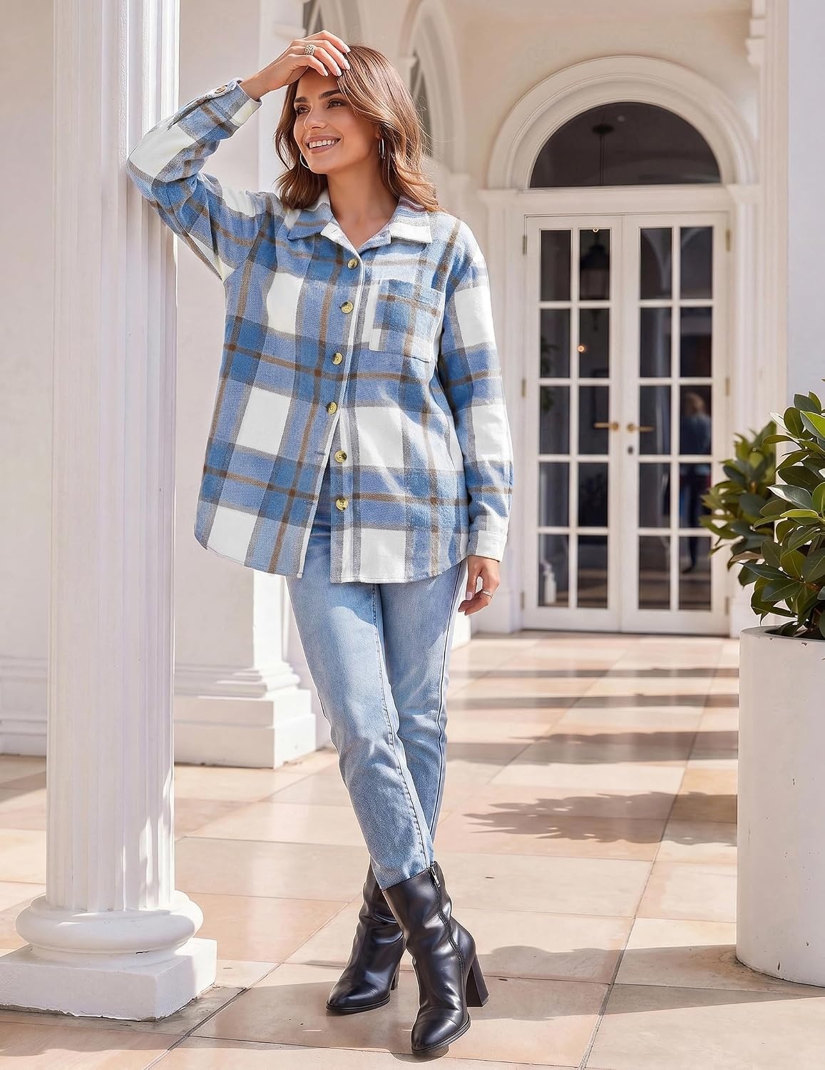 image:imageZeagoo Women Flannel Shacket Jacket Plaid Button Down Long Sleeve ShirtBluegz870