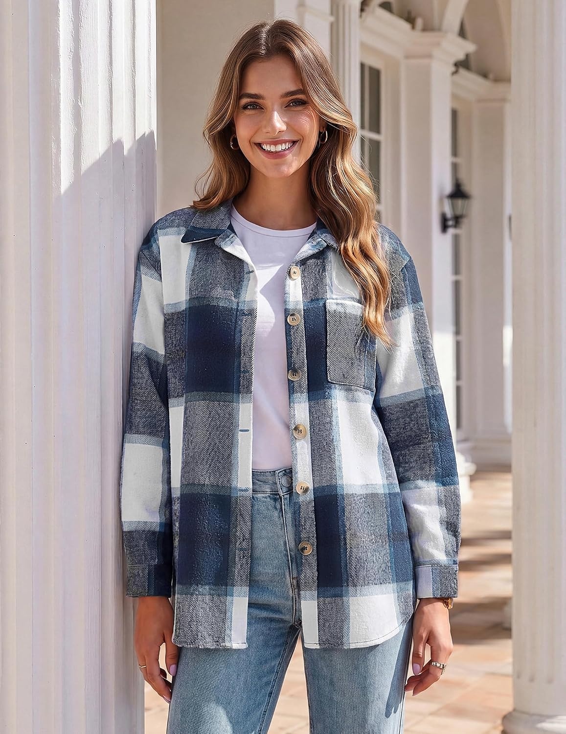image:imageZeagoo Women Flannel Shacket Jacket Plaid Button Down Long Sleeve ShirtNavy Plaidgz547
