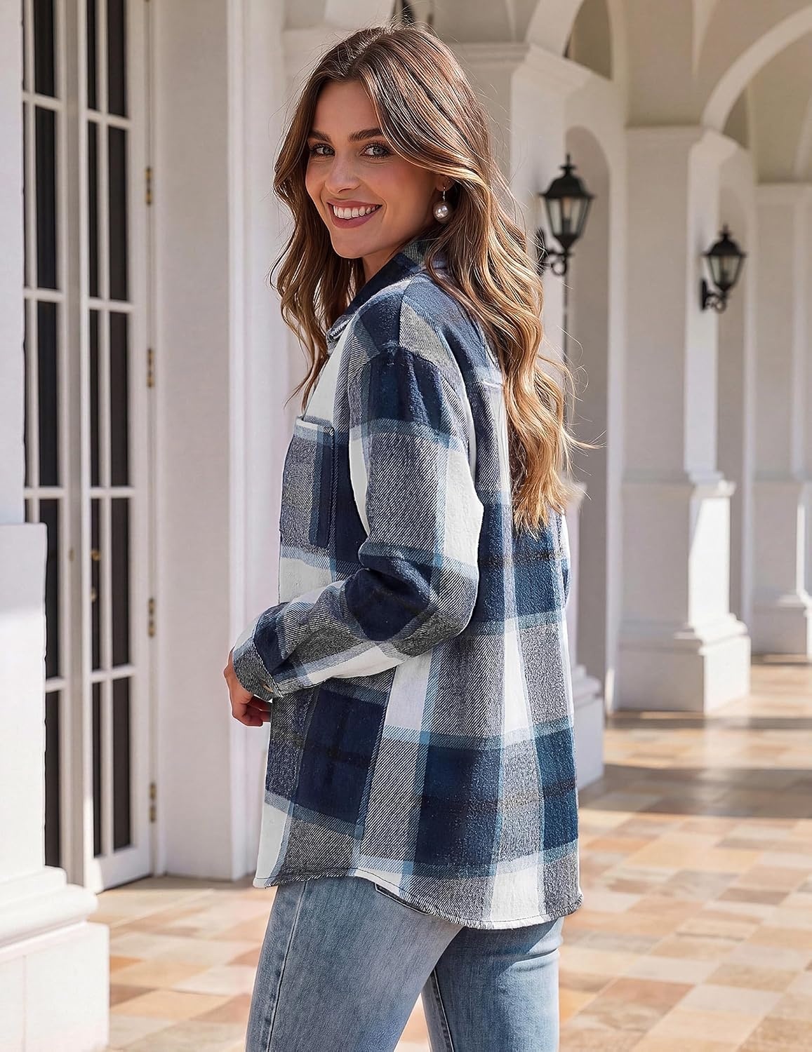 image:imageZeagoo Women Flannel Shacket Jacket Plaid Button Down Long Sleeve ShirtNavy Plaidgz547