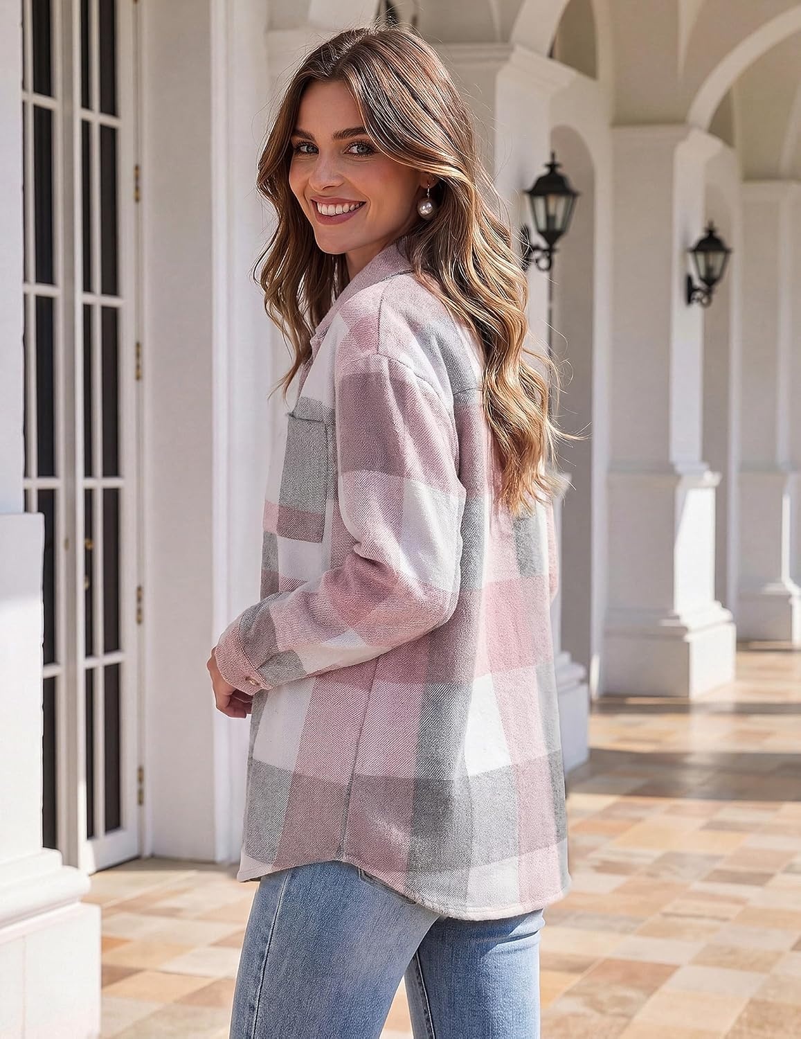 image:imageZeagoo Women Flannel Shacket Jacket Plaid Button Down Long Sleeve ShirtPink Greygz695